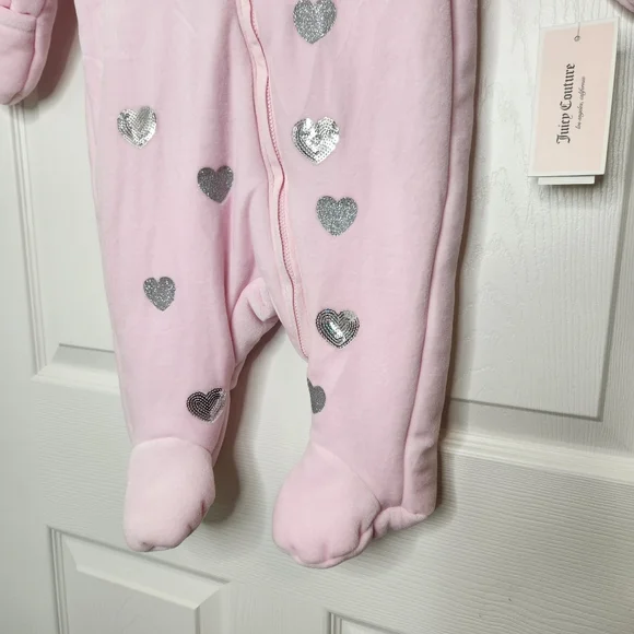 Baby Juicy Couture Winter Suit Bunting Pink Silver Sequin Heart Fur Hood NWT - Picture 3 of 12